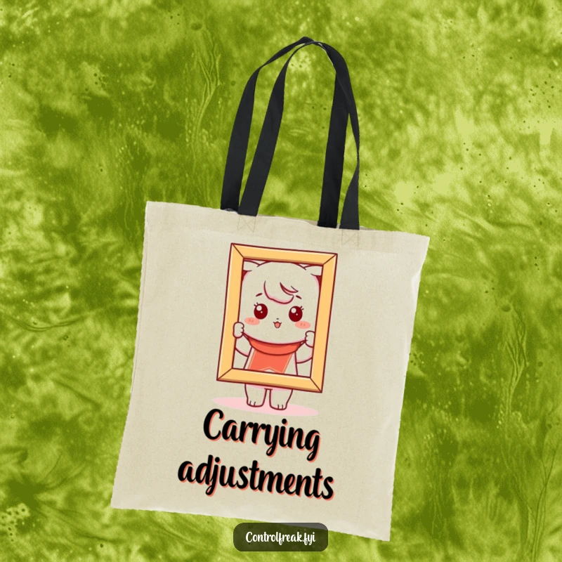 Funny Kawaii character tote bag, playfully adjusting a picture frame to be perfectly straight, for organized outings.