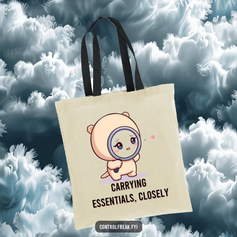 Funny tote bag featuring a tiny character intently examining a dot with a magnifying glass, perfect for carrying essentials.