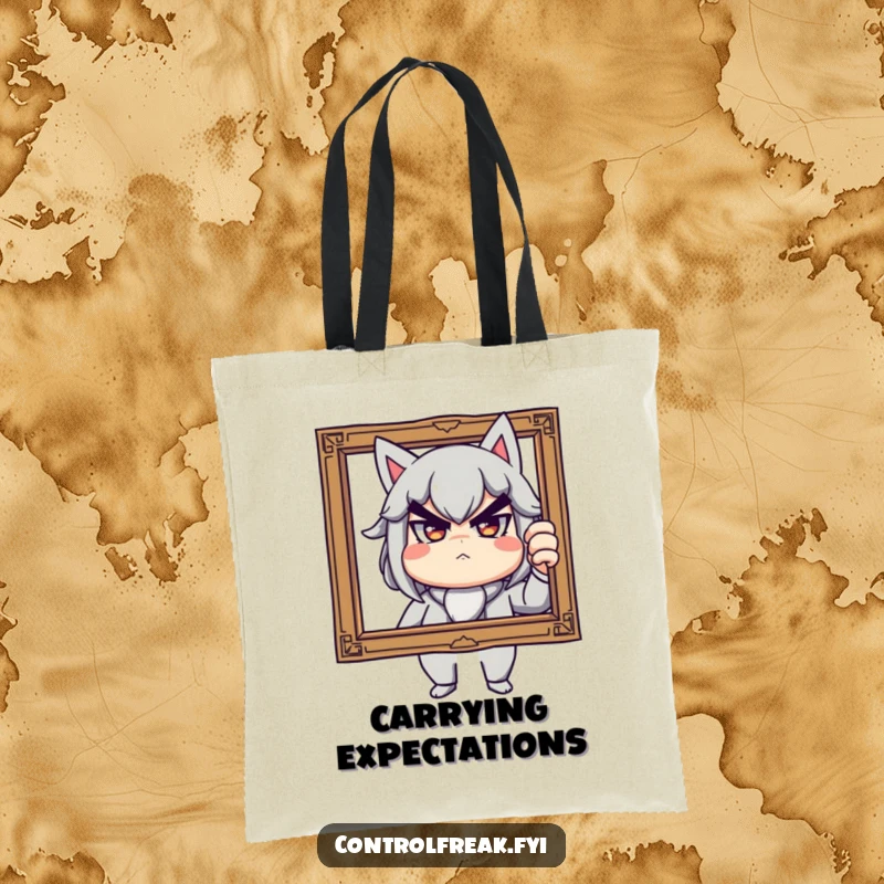 Funny tote bag depicting a stern yet playful character adjusting a crooked picture frame, a humorous and functional accessory for home enthusiasts.