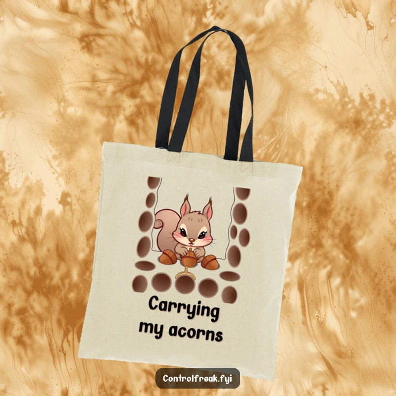 Funny tote bag with a determined squirrel character humorously trying to fit acorns into neat holes, ideal for groceries or everyday carry.