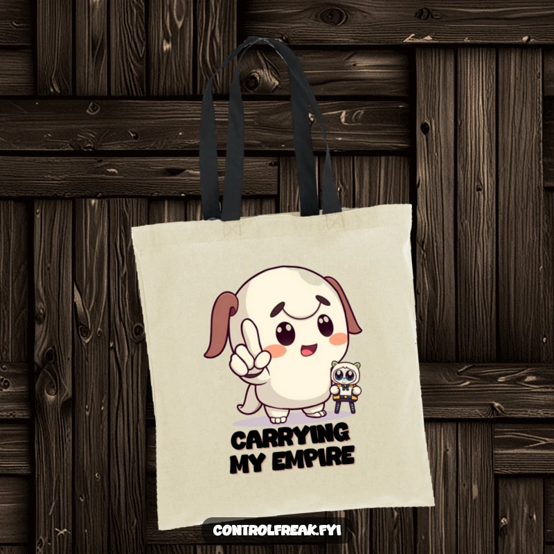 Funny tote bag featuring a dramatic cartoon character pointing firmly at a tiny toy, symbolizing whimsical control and authority for everyday use.