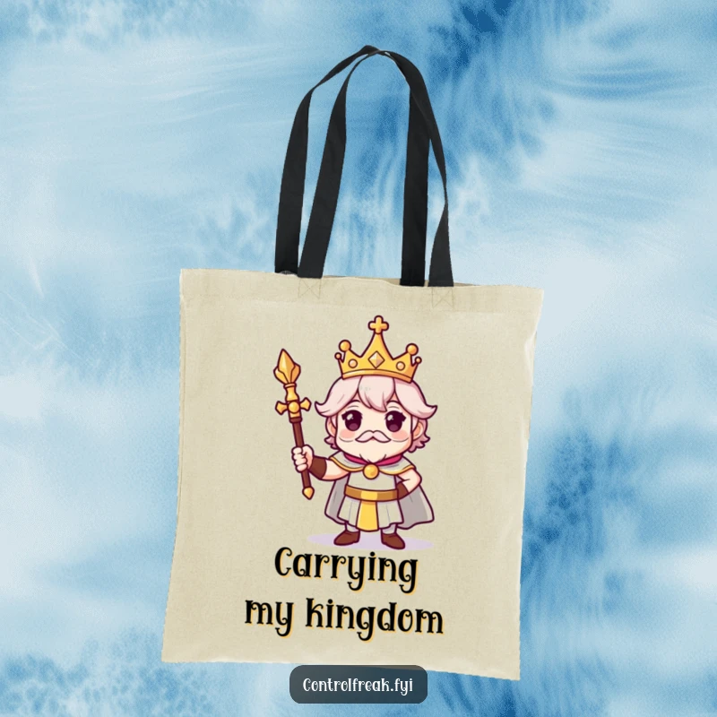 Funny tote bag featuring a character with a tiny crown and scepter in a proud, regal pose, adding humorous majesty to everyday use.