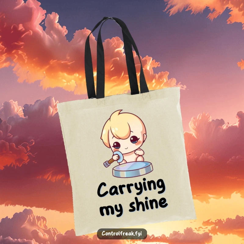 Funny Kawaii character tote bag, meticulously polishing a shiny object to a brilliant sheen, practical design.