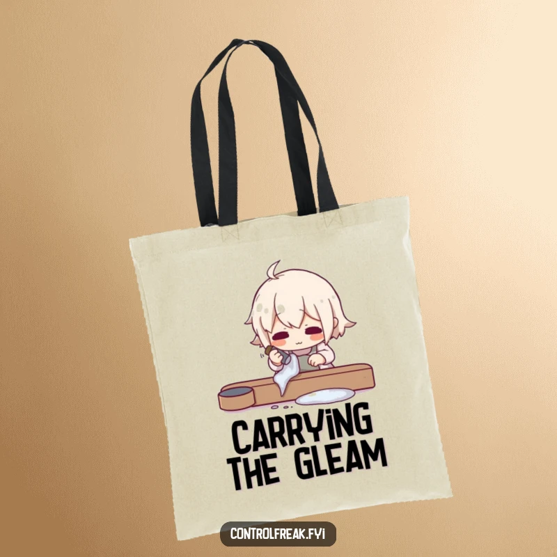 Funny tote bag depicting a character meticulously polishing an object to an impossible shine, a humorous accessory for those who love perfection.