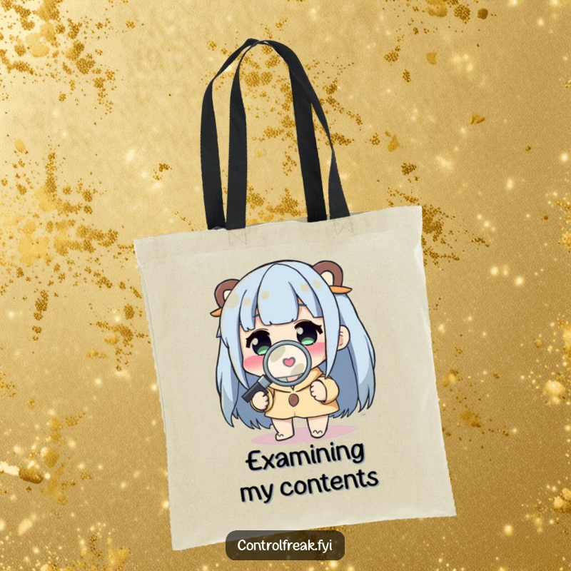 Funny Tote Bag: Character examining a small detail with a magnifying glass, a humorous accessory for the keen observer.