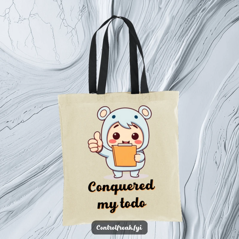 Funny Tote Bag: Character with a clipboard gives an emphatic thumbs-up, celebrating a minor accomplishment with comical zeal. A fun funny gift.