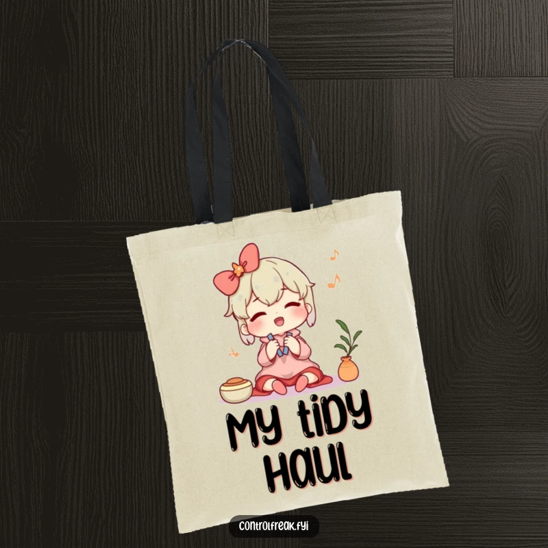 Funny tote bag featuring a character humming contentedly while tidying, perfect for carrying daily items with a peaceful and organized flair. A practical accessory.