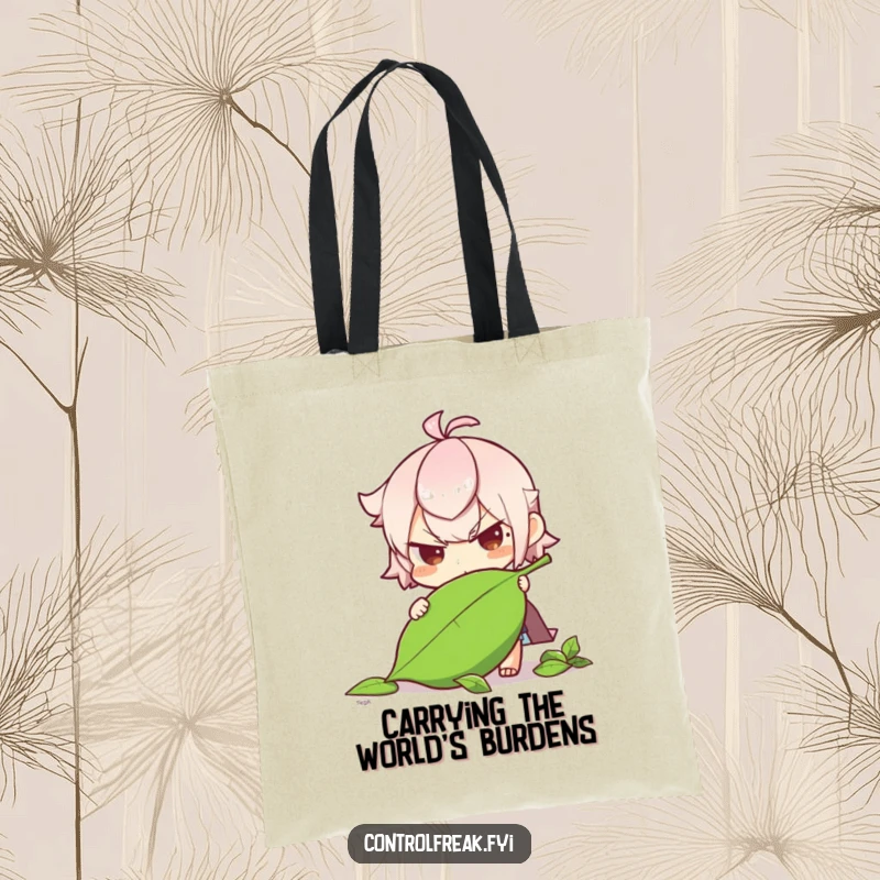 Funny character determinedly straightening a fallen leaf on this tote bag, a humorous accessory for nature lovers.