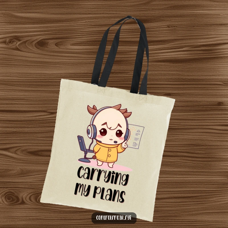 Funny tote bag with a character in a large headset, deterministically pointing at a flowchart, ideal for carrying plans and strategy notes.