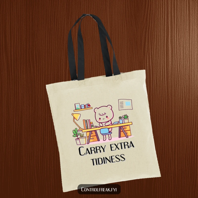 Funny Kawaii character tote bag, tidying a perfectly clean desk, showcasing organizational humor for everyday use.