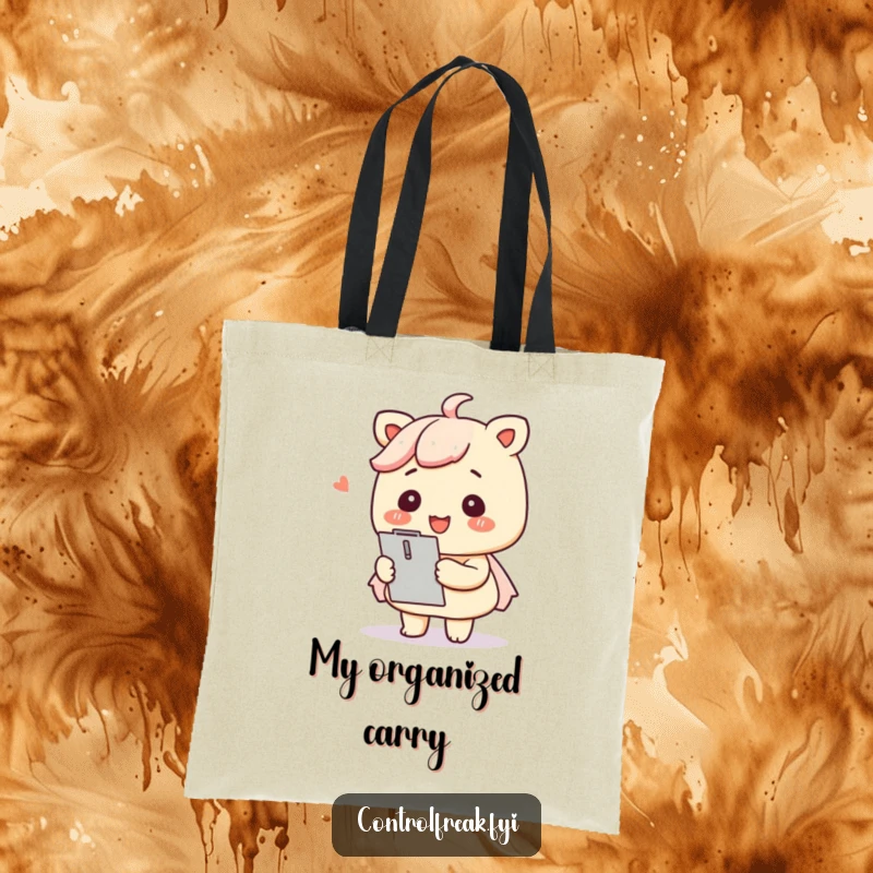 Funny Kawaii organizer tote bag stylishly holding essentials, smiling with a clipboard for perfect order.