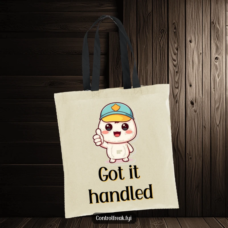 Funny kawaii character giving a thumbs-up for perfect order, stylish tote bag for organizers, functional and funny gift.
