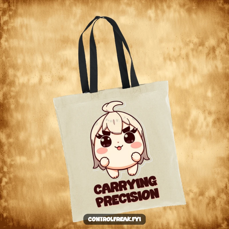 Funny Kawaii character tote bag, with raised eyebrows, emphasizing precision and high standards for everyday use.