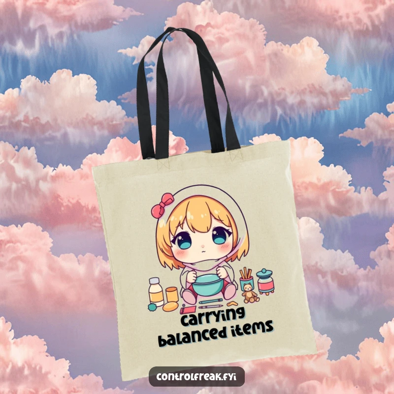 Funny tote bag with a kawaii character carefully arranging items in a perfectly symmetrical pattern, perfect for organized carrying.