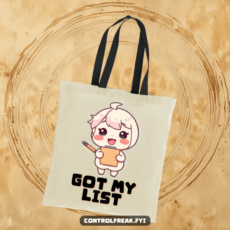 Funny tote bag featuring a cheerful character with a clipboard and pen, looking pleased and ready to organize anything.