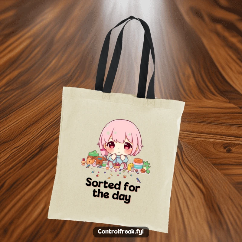 Funny Tote Bag featuring a character meticulously sorting tiny items by size, perfect for carrying and organizing small possessions.