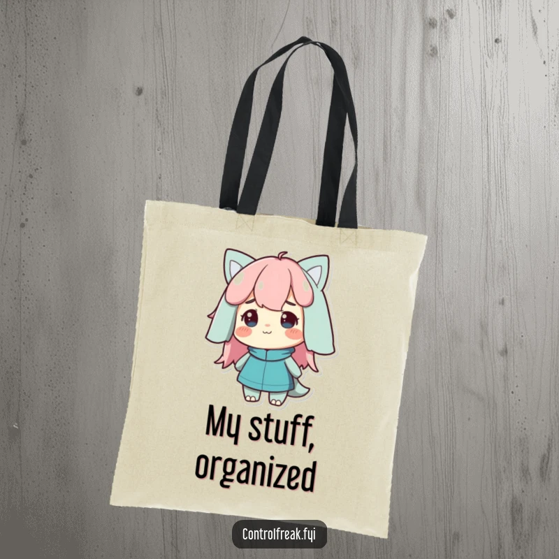 Funny Tote Bag with a character giving a satisfied nod, looking at a perfectly ordered arrangement, embodying joy.