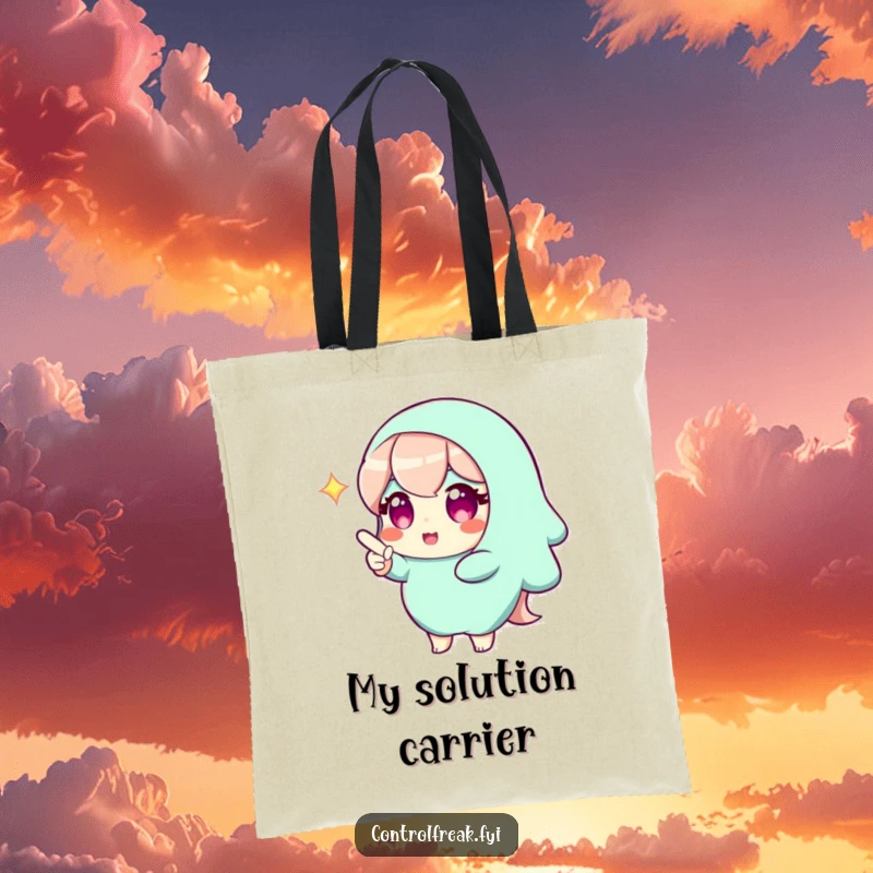 Funny tote bag featuring a character with a bright gleam, pointing to a perfect solution, perfect for carrying daily items with wit. A practical accessory.