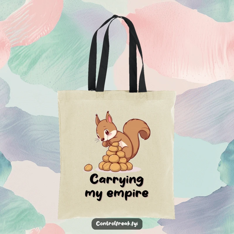 Funny squirrel tote bag showing a squirrel focused on creating a perfect pyramid of nuts, representing meticulous fun.