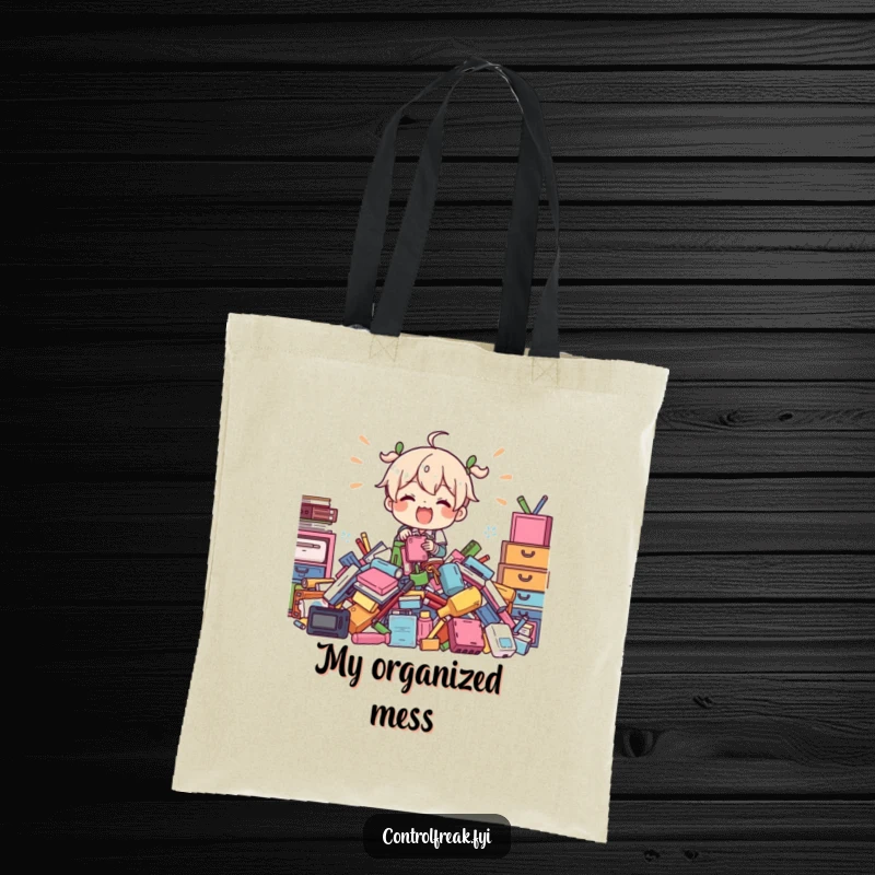 Funny Tote Bag: Character energetically organizing a jumbled pile of items, a humorous accessory for the organized chaos enthusiast.