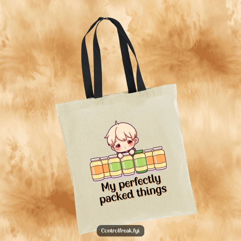 Funny Tote Bag: Character humorously adjusting a perfectly organized row of items, a stylish accessory for playful souls.