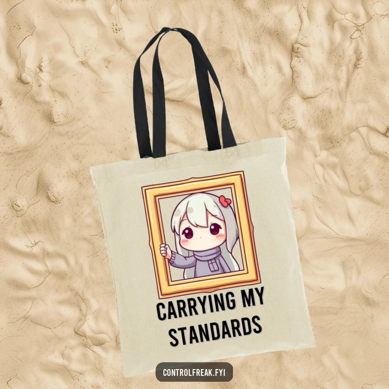 Funny tote bag with a character adjusting a picture frame, perfect for carrying items with a touch of organized humor.
