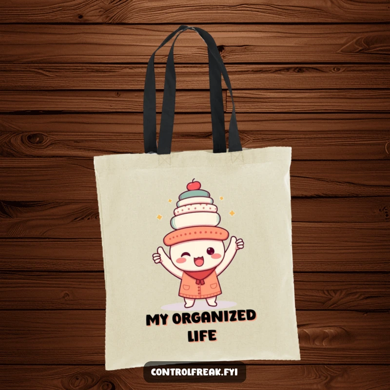 Funny tote bag with a kawaii character triumphantly holding a perfectly aligned stack of objects, perfect for organized daily use.